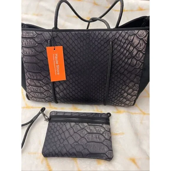 Never Used:  Haute Shore Blk neoprene tote/bag, python print, removable wristlet - Picture 2 of 10